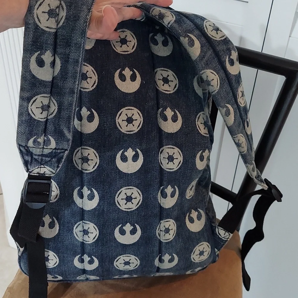 Loungefly Star Wars‎ Backback, Distressed Blue Denim Emblem Pattern, Zip Pockets